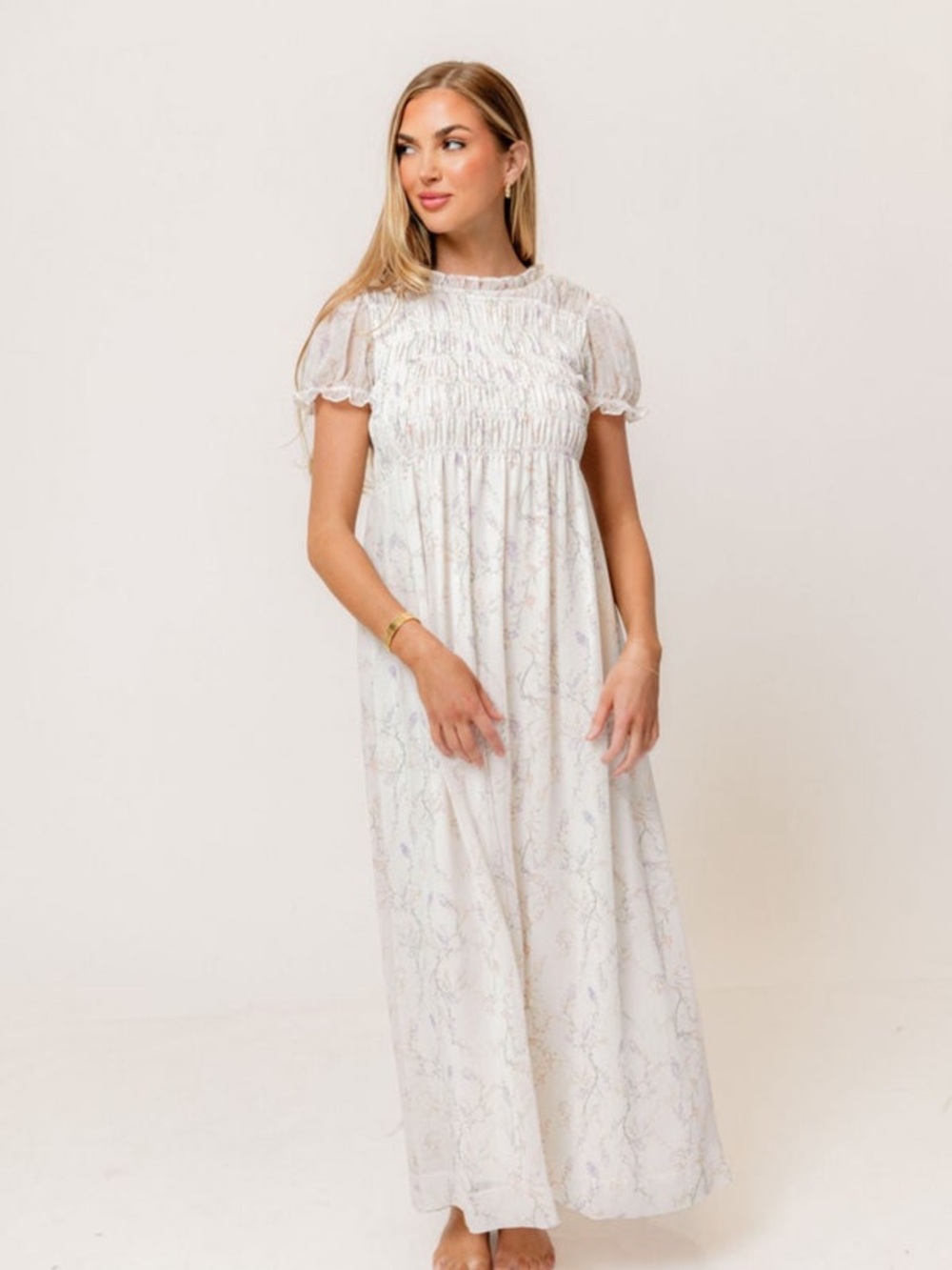 Smocked High-Neck Maxi Dress in Ivory Floral